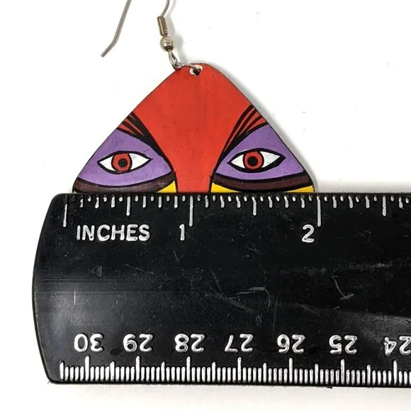 Artisan Painted Wood Dangle Earrings 80s Ethnic Tribal Mask 2" Vintage Festival - Picture 9 of 9